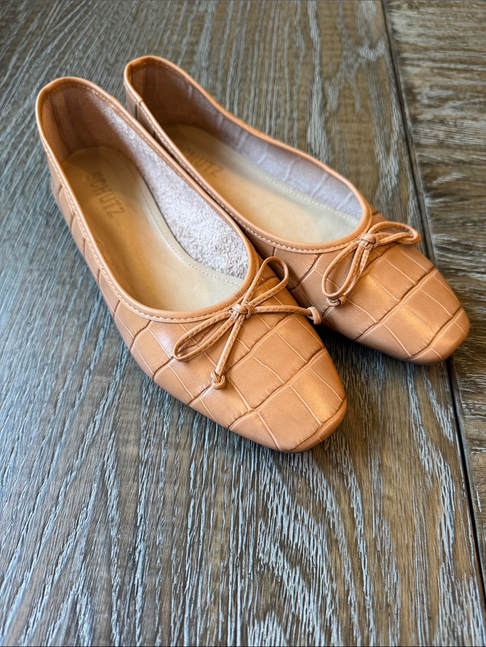 SCHUTZ Croc-Embossed Neutral Ballet Flats with Bow